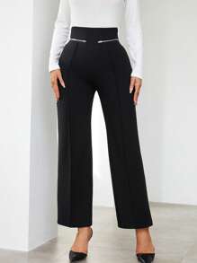 SHEIN Privé Cao eo Chi tiết dây kéo Quần ống rộng - màu đen - Xem 3