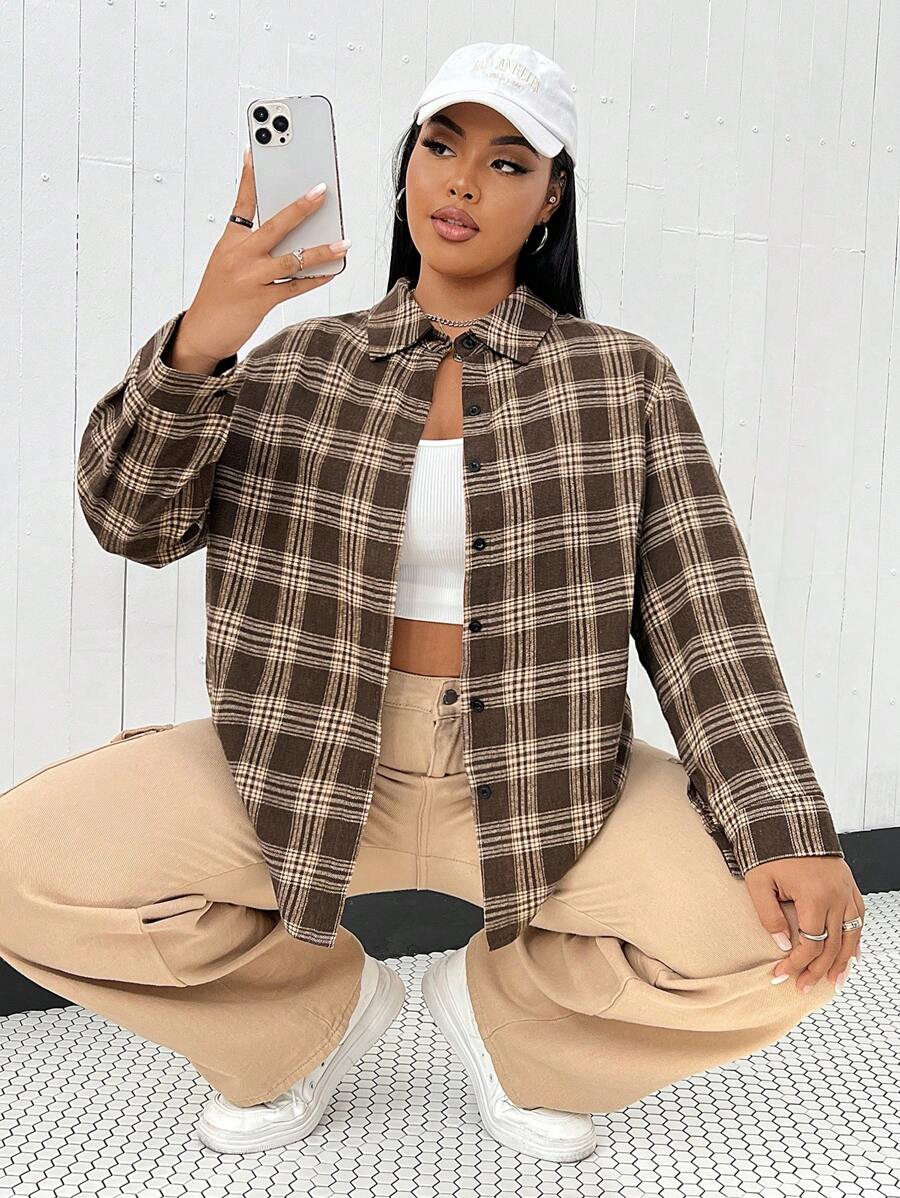 SHEIN Unity 大碼格紋印花前紐扣襯衫 - 棕色 - 查看 1