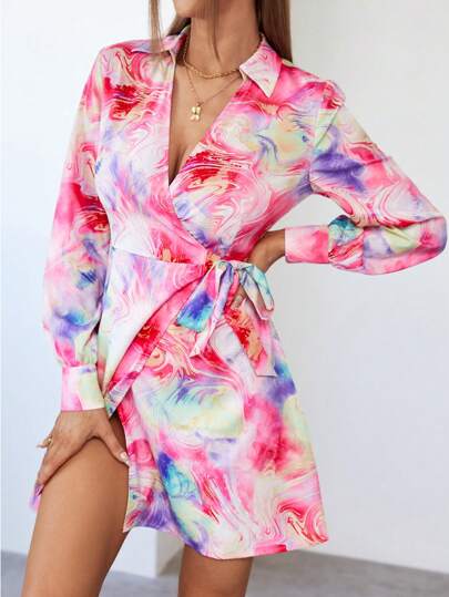 SHEIN Privé 紮染側打結圍裹式洋裝