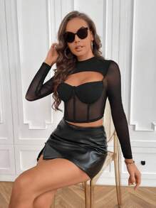 SHEIN Privé 前鏤空嵌入網紗露肩短上衣 - 黑色 - 查看 6