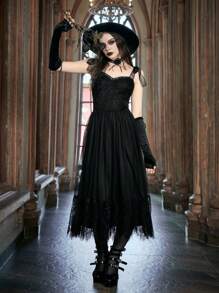ROMWE Goth Vestido De Tirantes De Encaje Con Contraste - Negro - Ver 1