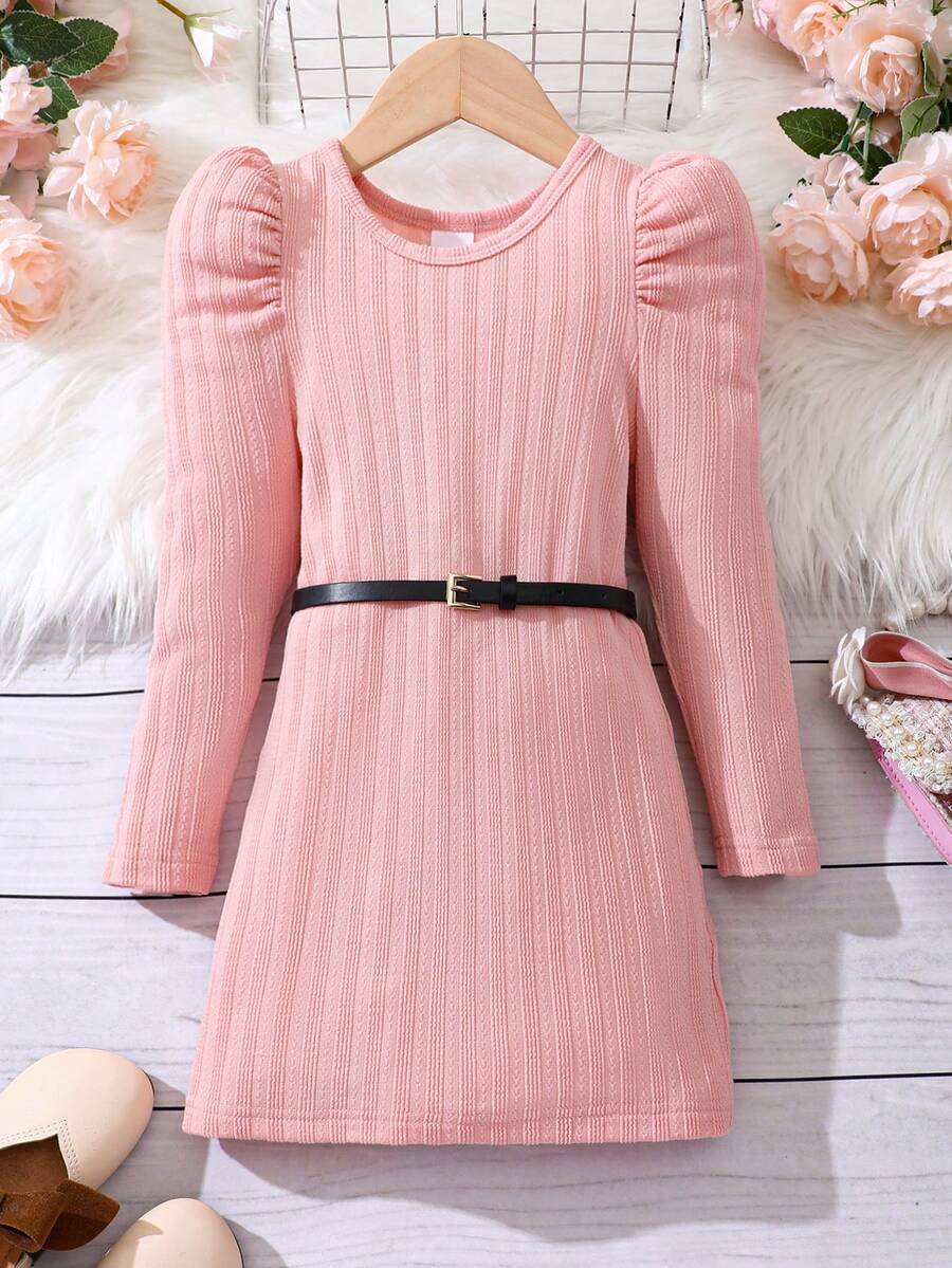 SHEIN Cô Gái Trẻ Ống tay áo Đồ đan Ribbed Đầm Với thắt lưng - Hồng - Xem 1