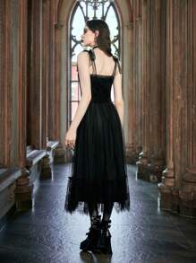 ROMWE Goth Vestido De Tirantes De Encaje Con Contraste - Negro - Ver 2