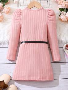 SHEIN Cô Gái Trẻ Ống tay áo Đồ đan Ribbed Đầm Với thắt lưng - Hồng - Xem 2