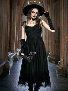 ROMWE Goth Vestido De Tirantes De Encaje Con Contraste - Negro - Ver 4