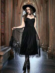 ROMWE Goth Vestido De Tirantes De Encaje Con Contraste - Negro - Ver 5