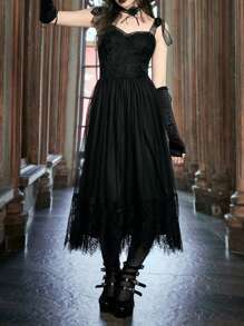 ROMWE Goth Vestido De Tirantes De Encaje Con Contraste - Negro - Ver 6