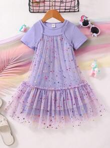 SHEIN Cô Gái Trẻ In Ngân hà Lưới Xù Hoa Sen Đầm & Váy  thun Chất rắn - Màu tím hoa cà - Xem 3