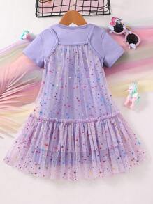 SHEIN Cô Gái Trẻ In Ngân hà Lưới Xù Hoa Sen Đầm & Váy  thun Chất rắn - Màu tím hoa cà - Xem 2