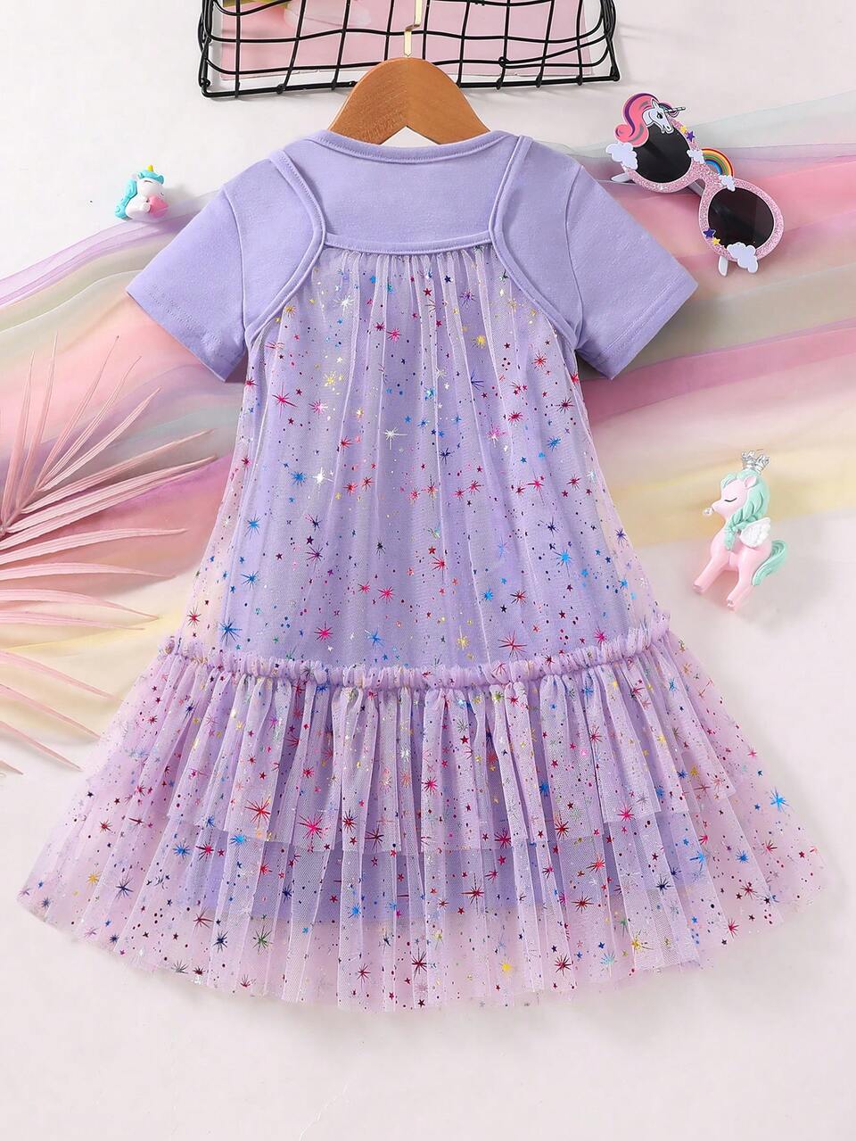 2pcs/Pack Young Girl Galaxy Print Mesh Ruffle Hem Dress & Solid Tee Dress