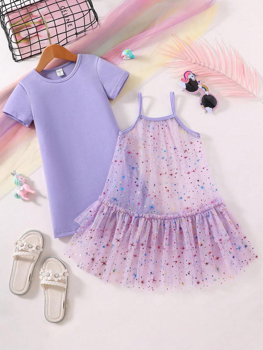 SHEIN Cô Gái Trẻ In Ngân hà Lưới Xù Hoa Sen Đầm & Váy  thun Chất rắn - Màu tím hoa cà - Xem 1