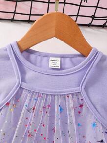 SHEIN Cô Gái Trẻ In Ngân hà Lưới Xù Hoa Sen Đầm & Váy  thun Chất rắn - Màu tím hoa cà - Xem 5