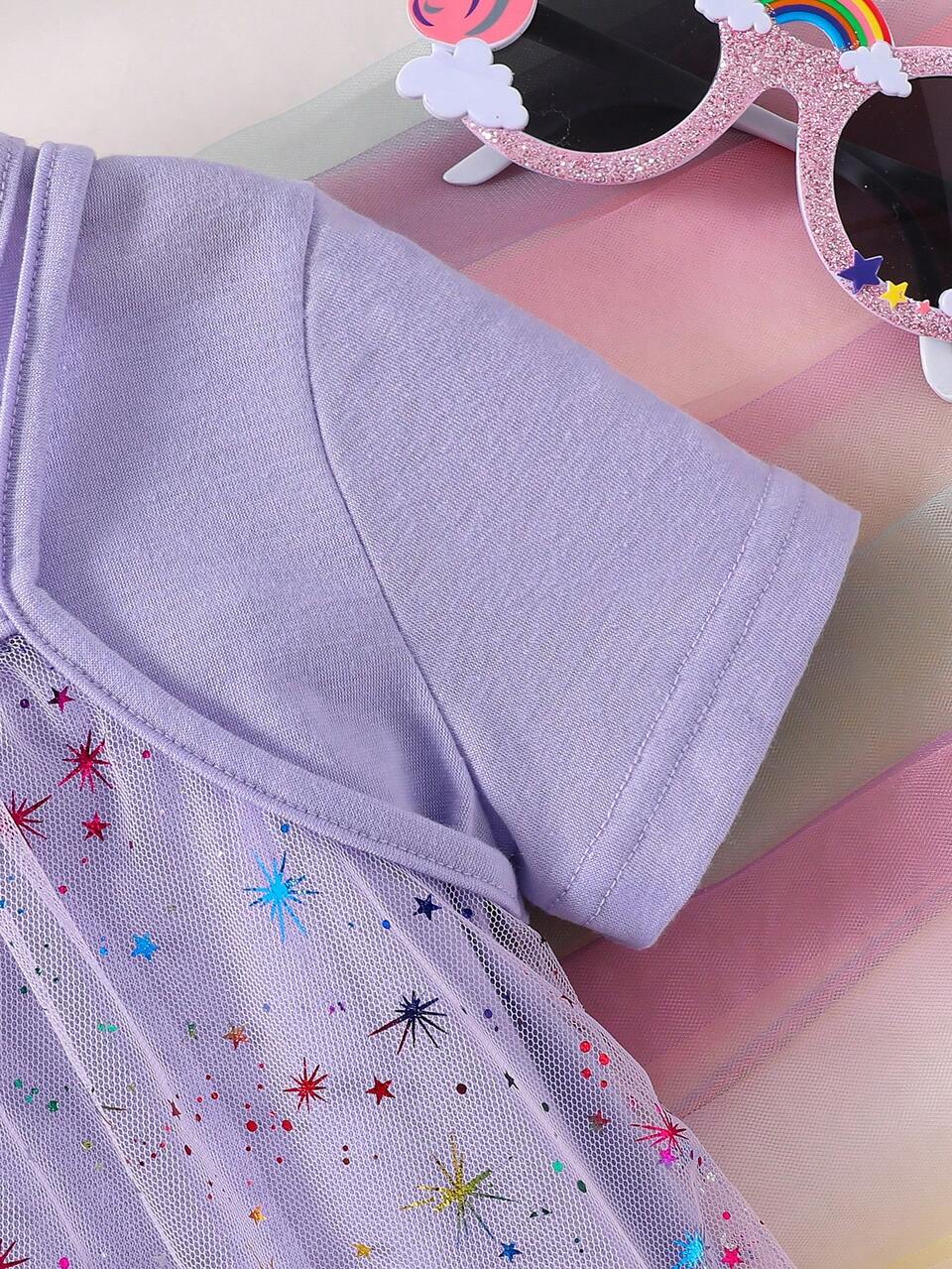 2pcs/Pack Young Girl Galaxy Print Mesh Ruffle Hem Dress & Solid Tee Dress