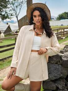 SHEIN VCAY 大碼落肩袖襯衫&短褲不附吊帶上衣 - 卡其色 - 查看 2