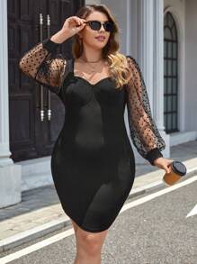 SHEIN Privé Plus Contrast Dobby Mesh Lantern Sleeve Sweetheart Neck Bodycon Dress - Black - View 1
