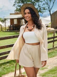 SHEIN VCAY 大碼落肩袖襯衫&短褲不附吊帶上衣 - 卡其色 - 查看 4