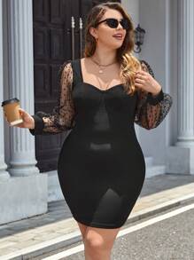 SHEIN Privé Plus Contrast Dobby Mesh Lantern Sleeve Sweetheart Neck Bodycon Dress - Black - View 5