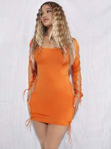 SHEIN SXY Lace Up Side Bodycon Dress - Orange - View 4