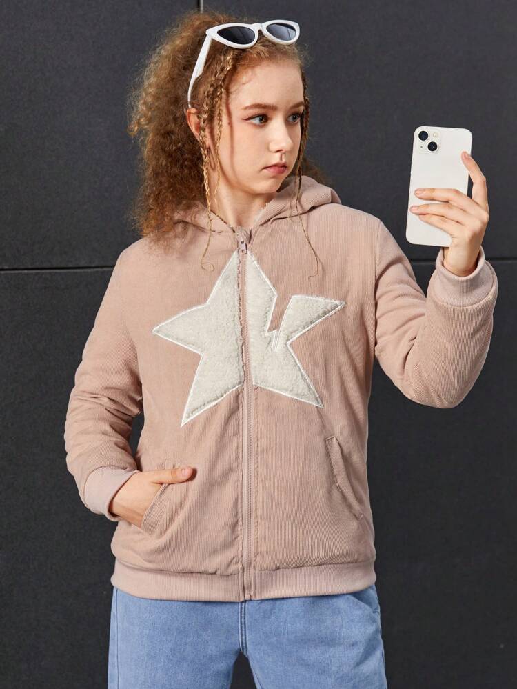 Teen Girl Star Pattern Zip Up Hooded Jacket