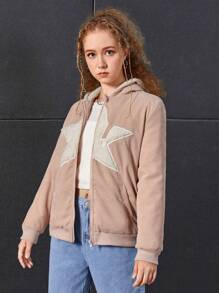 青少年女孩星星圖案拉鏈開襟連帽夾克