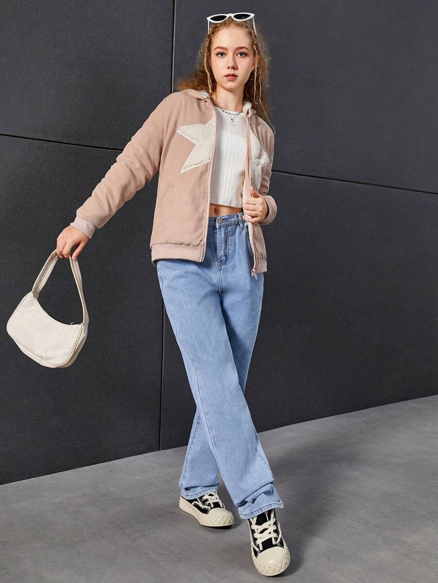 青少年女孩星星圖案拉鏈開襟連帽夾克