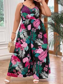 SHEIN CURVE+ 大碼熱帶圖案闊腿吊帶連體褲 - 彩色 - 查看 3