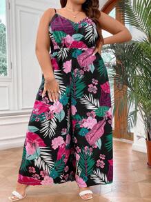 SHEIN CURVE+ 大碼熱帶圖案闊腿吊帶連體褲 - 彩色 - 查看 6