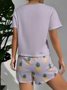 Pineapple Print Tee & Bow Front Shorts PJ Set / Pajama Set - Purple - View 2