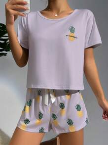 Pineapple Print Tee & Bow Front Shorts PJ Set / Pajama Set - Purple - View 3