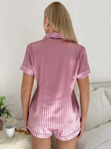 Bộ đồ ngủ satin họa tiết sọc jacquard tương phản - Màu Hồng  San hô - Xem 2