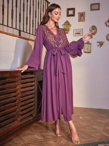Floral Embroidery Flare Sleeve Belted PJ Set - Purple - View 1