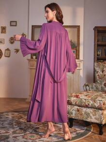 Floral Embroidery Flare Sleeve Belted PJ Set - Purple - View 2
