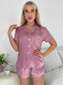 Bộ đồ ngủ satin họa tiết sọc jacquard tương phản - Màu Hồng  San hô - Xem 4