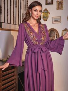 Floral Embroidery Flare Sleeve Belted PJ Set - Purple - View 3