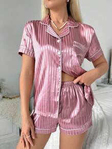 Bộ đồ ngủ satin họa tiết sọc jacquard tương phản - Màu Hồng  San hô - Xem 5