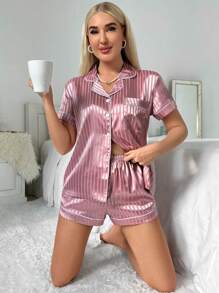 Bộ đồ ngủ satin họa tiết sọc jacquard tương phản - Màu Hồng  San hô - Xem 6