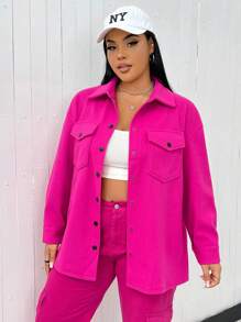 Flirla 大碼翻蓋口袋落肩袖花呢外套 - 玫紅色 - 查看 1