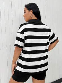 Flirla Hơn Sọc Áo thun Thả vai - Đen và trắng - Xem 2