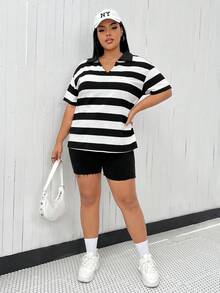 Flirla Hơn Sọc Áo thun Thả vai - Đen và trắng - Xem 6