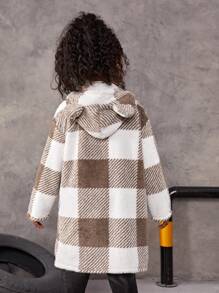 SHEIN Tween Girl Plaid Print Drop Shoulder Flap Pocket Teddy Coat - Multicolor - View 2