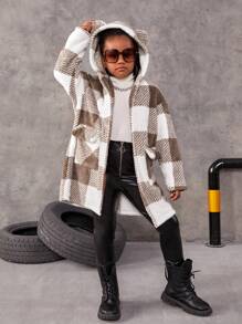 SHEIN Tween Girl Plaid Print Drop Shoulder Flap Pocket Teddy Coat - Multicolor - View 3