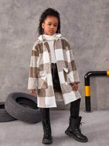 SHEIN Tween Girl Plaid Print Drop Shoulder Flap Pocket Teddy Coat - Multicolor - View 4