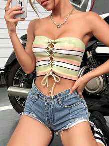 SHEIN Unity Mẫu sọc Lace lên phía trước Mùa vụ Ống Knit ngọn - Nhiều màu - Xem 1