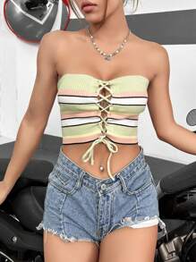 SHEIN Unity Mẫu sọc Lace lên phía trước Mùa vụ Ống Knit ngọn - Nhiều màu - Xem 5