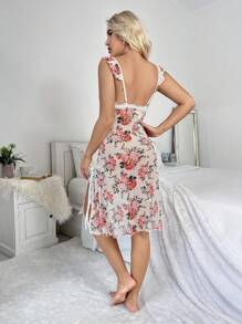 In hoa Trang trí ren Tách đùi Váy ngủ hai dây - trắng - Xem 2