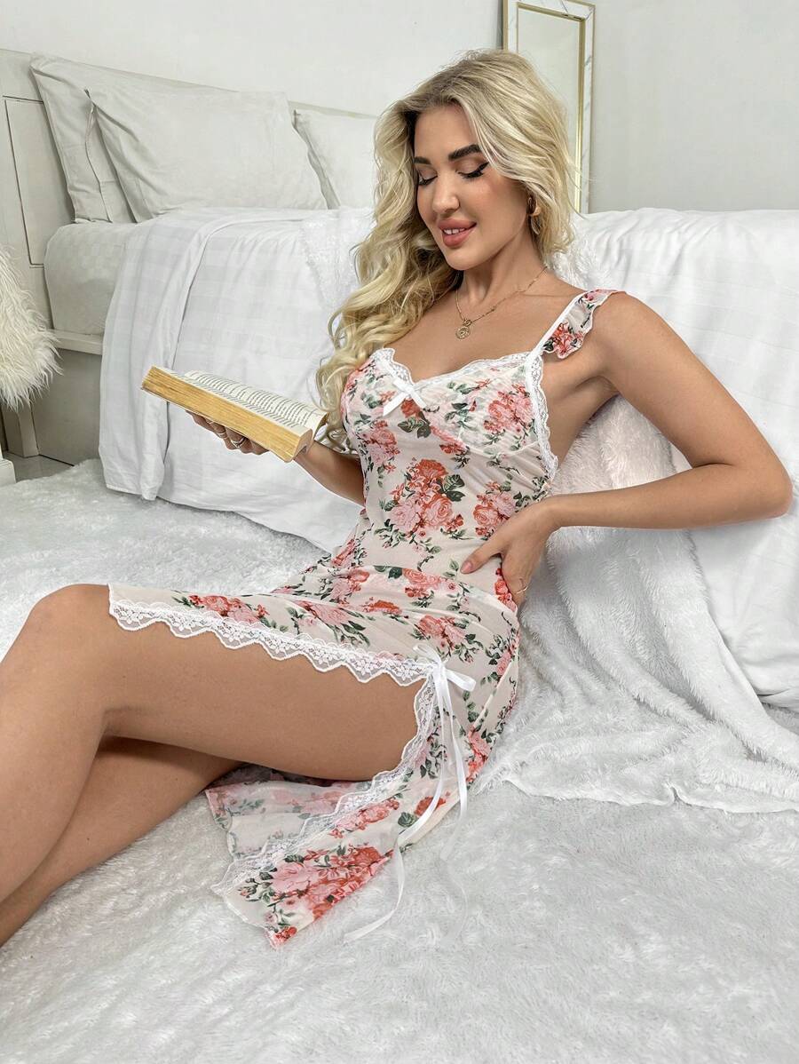 In hoa Trang trí ren Tách đùi Váy ngủ hai dây - trắng - Xem 1