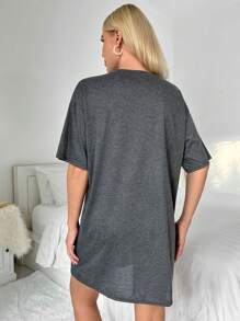 口号图案落肩睡衣睡裙 - 深灰色 - 查看 2