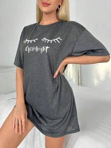 口号图案落肩睡衣睡裙 - 深灰色 - 查看 3