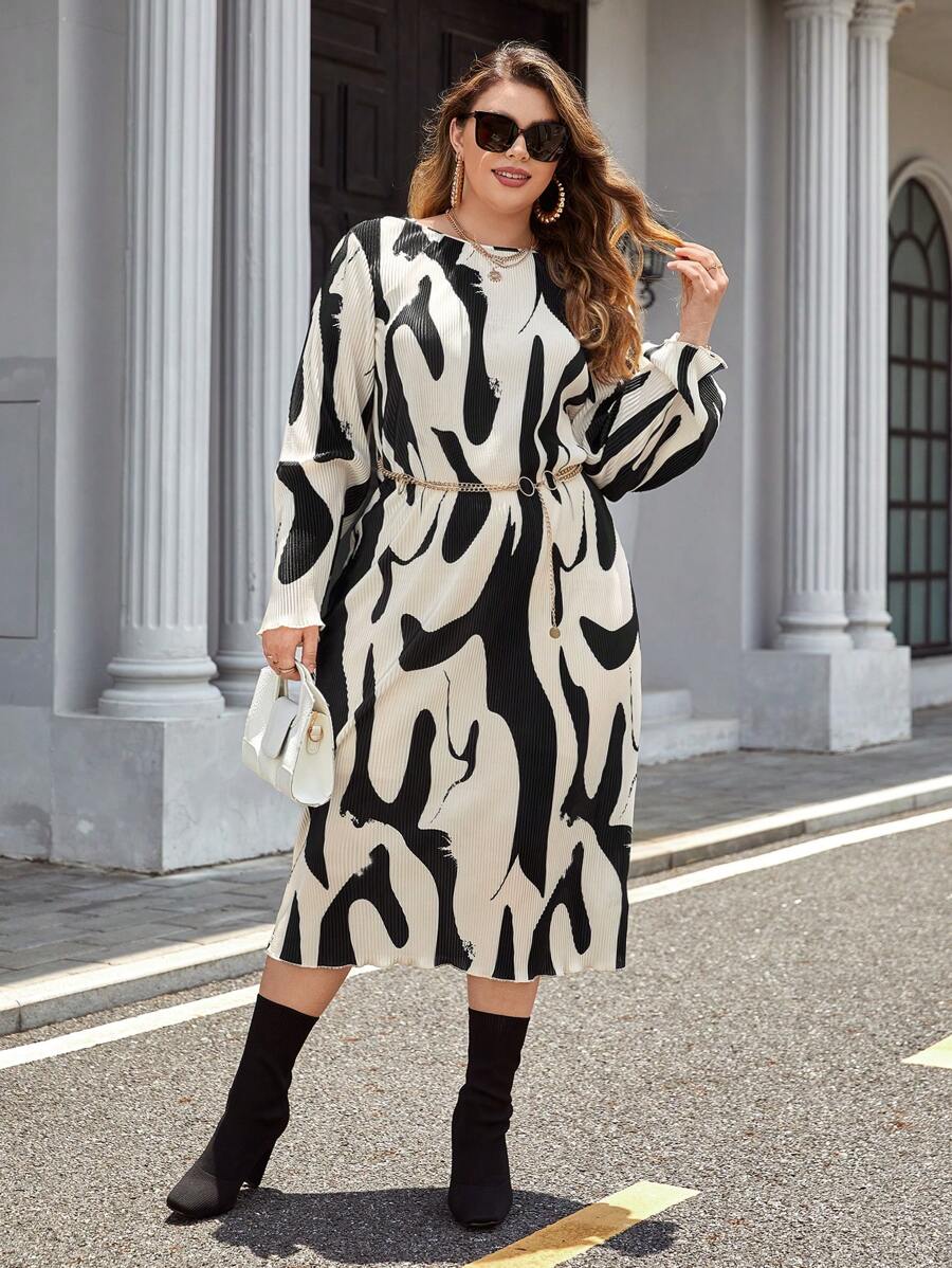 SHEIN Privé Plus Allover Print Lantern Sleeve Belted Dress - Black and White - View 1