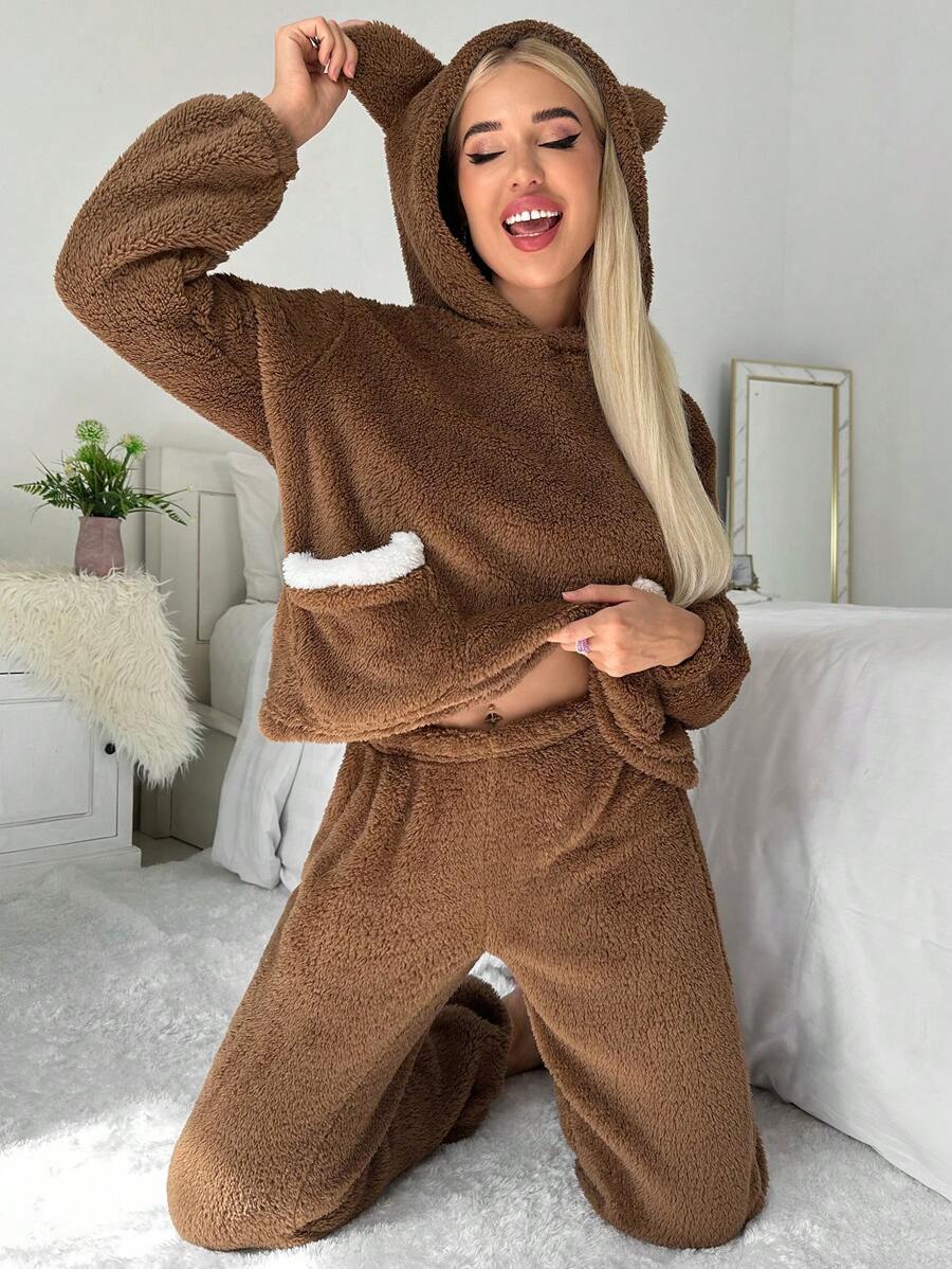 Thiết kế tai 3D Thả vai áo có mũ Bộ giản dị - màu nâu - Xem 1